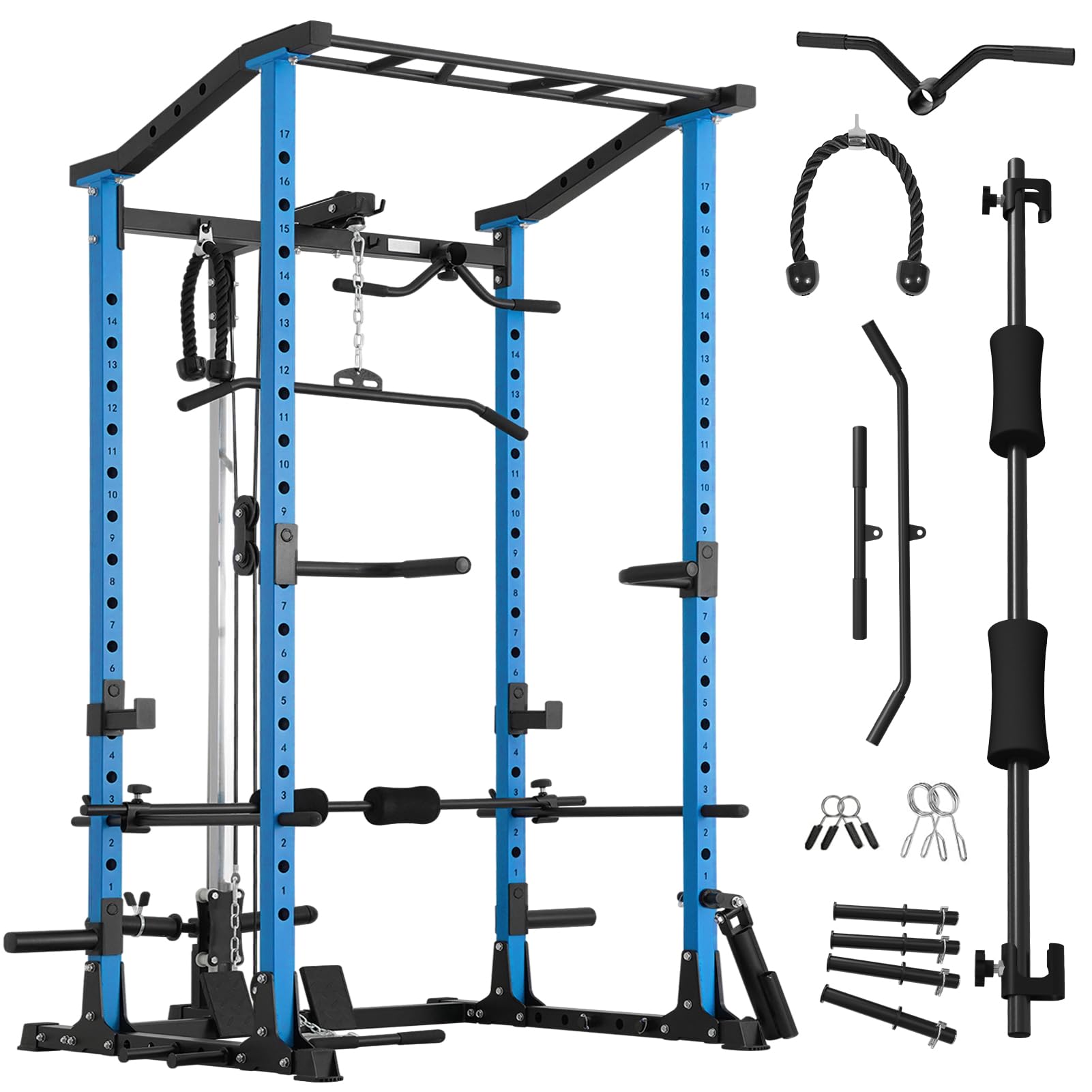 ER KANG Power Cage, Power Rack with LAT Pulldown, Multi-Functional Squat Rack, Squat Cage with More Training Attachments for Home Gym(Blue)