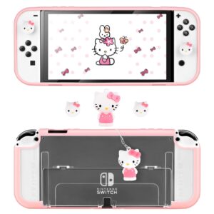 dlseego clear and pink switch oled protective case scratch resistant cover shell with kitty cat thumb grips caps and charm