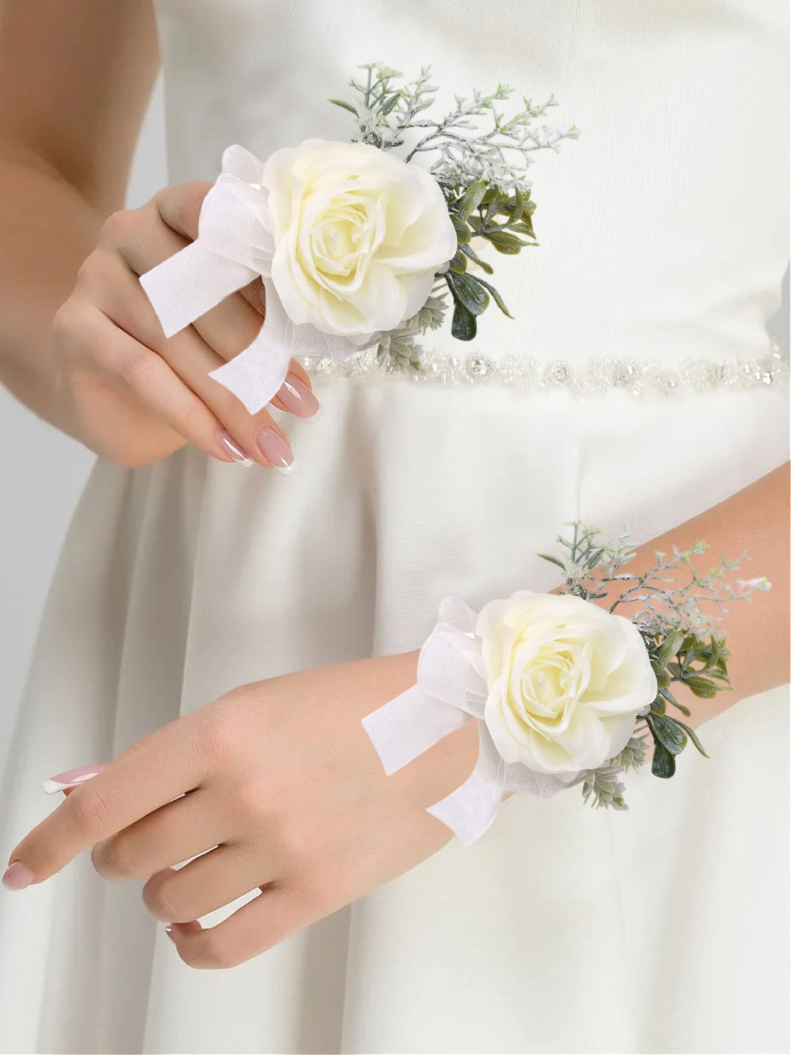 Corsage Wristlet for Wedding Bridal White Corsage Handmade Wedding Rose Wristlet Prom Suit Decorations(White)