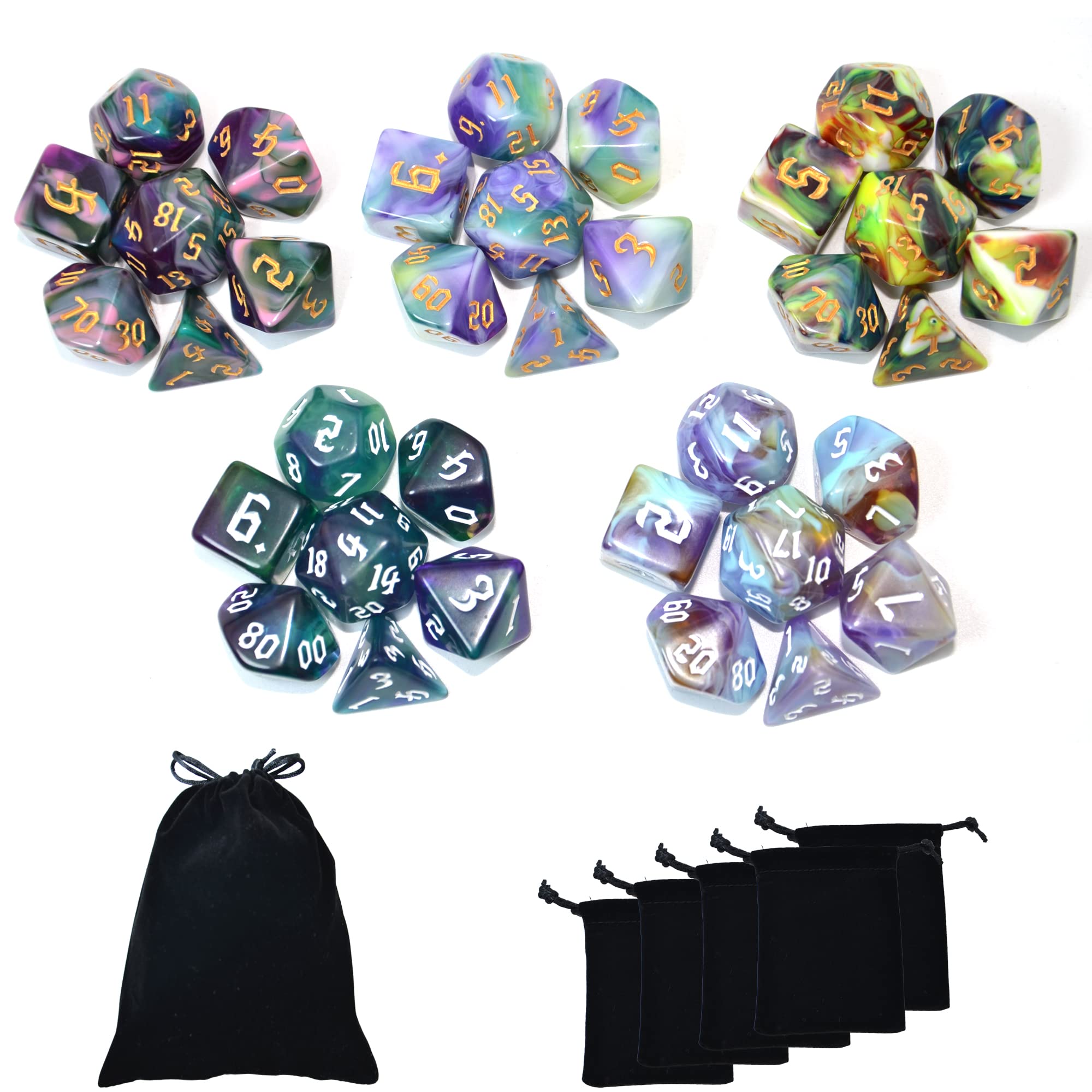 StarMall DND Dice Set-5 x 7 (35 Pieces) Polyhedral Dice Sets with Pouches for Dungeons & Dragons RPG MTG DND Roll Playing Table Game