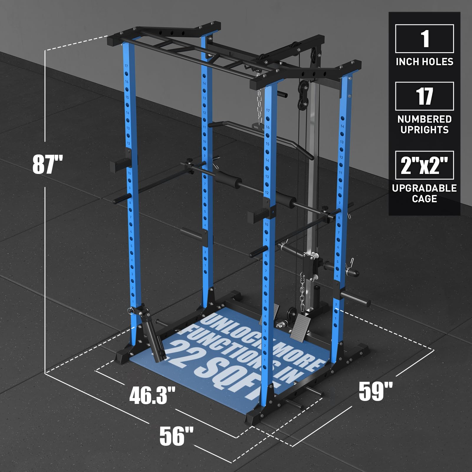 ER KANG Power Cage, Power Rack with LAT Pulldown, Multi-Functional Squat Rack, Squat Cage with More Training Attachments for Home Gym(Blue)