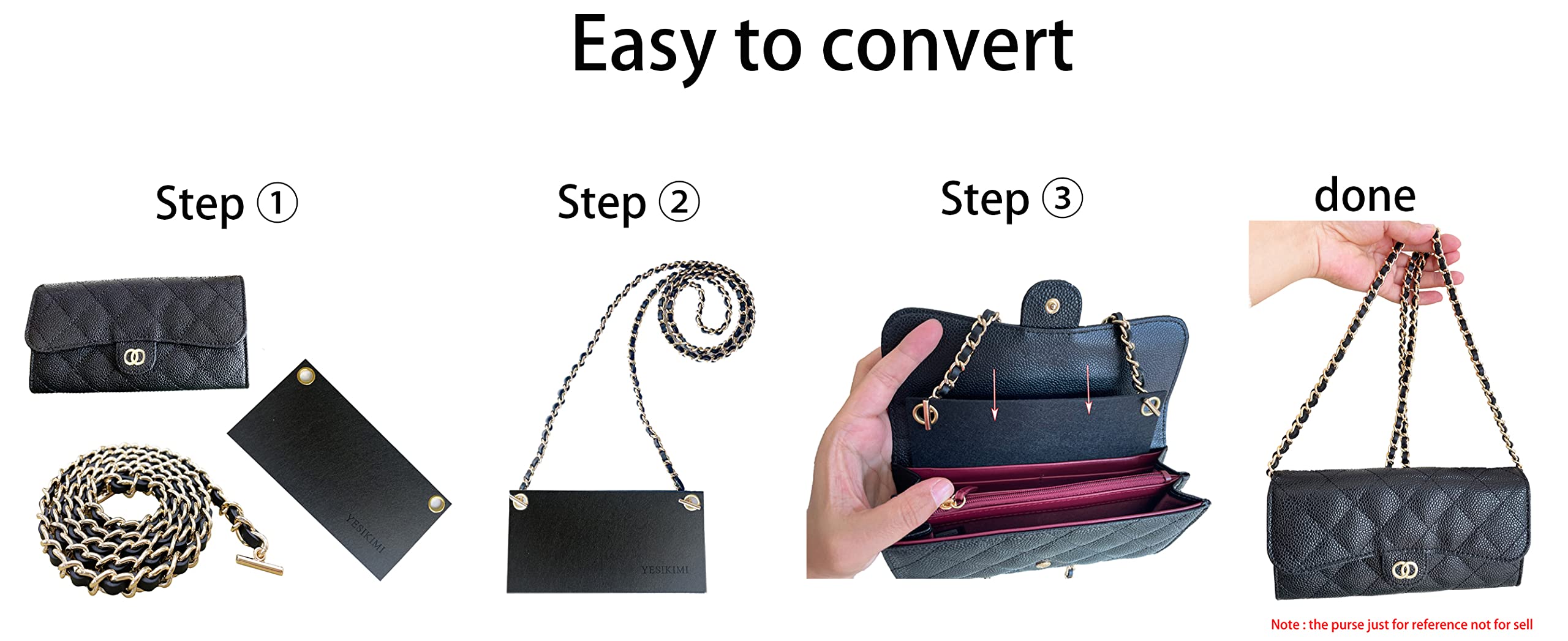 Conversion Kit Real Cowhide Leather Chain+Insert Compatible with Chanel Flap Long Wallet