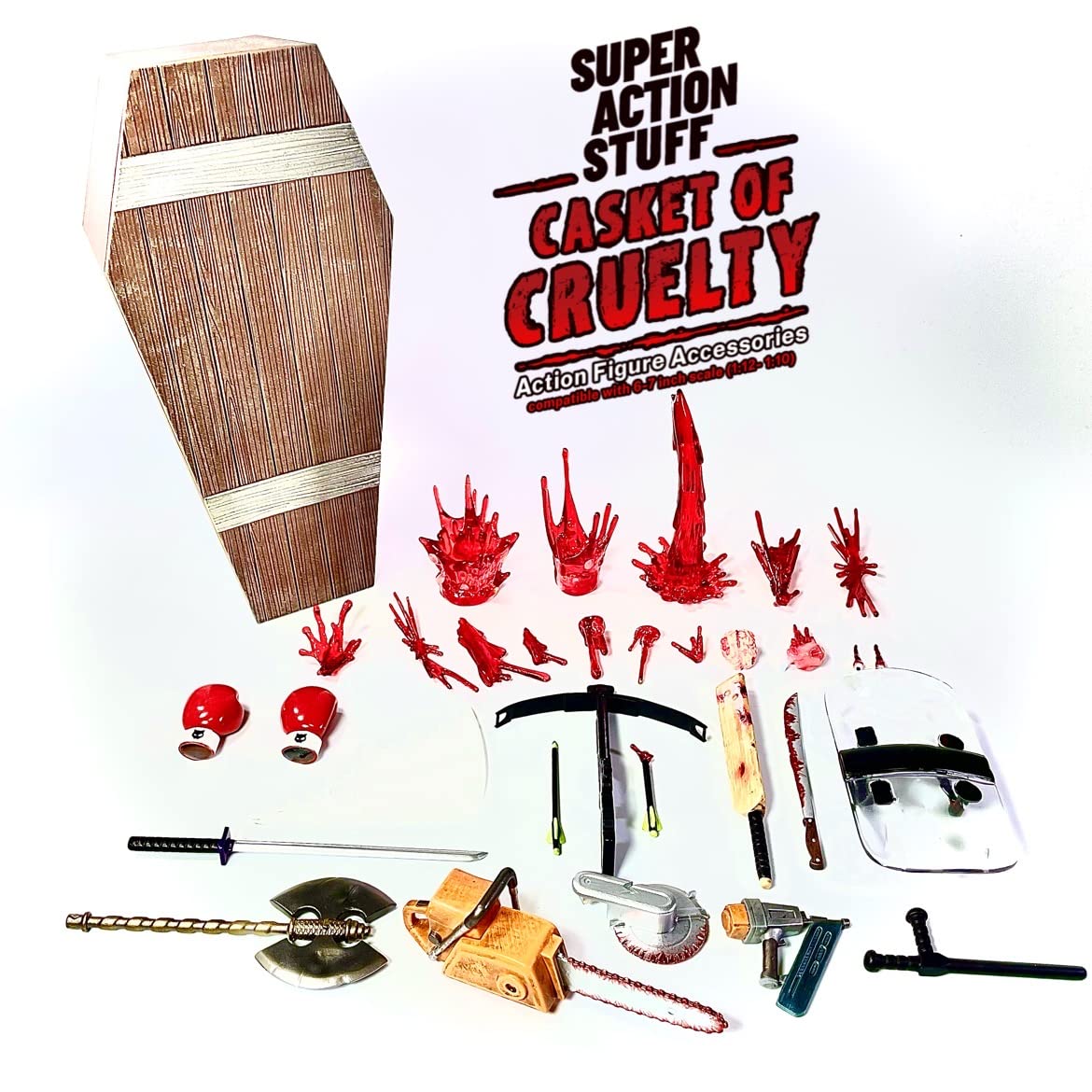 Super Action Stuff Casket of Cruelty 30+ Piece Accessories Set for 1:12 Scale (Six and Seven inch) Action Figures. Includes Coffin, Weapons and Blood Effects.