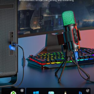 JAMELO Gaming Microphone, USB Computer Condenser Mic for PC/Laptop/Phone/PS4/5, RGB, Headphone Output, Volume Control,Plug and Play, Mute Button, for Streaming, Podcast, Studio Recording