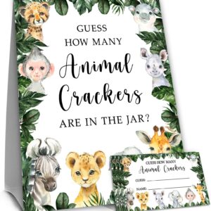 Yuzioey Safari Guess How Many Animal Crackers Guessing Game, Jungle Animals Guessing Game Cards, 50 Cards and Matching Sign, Safari Animals Baby Shower Game