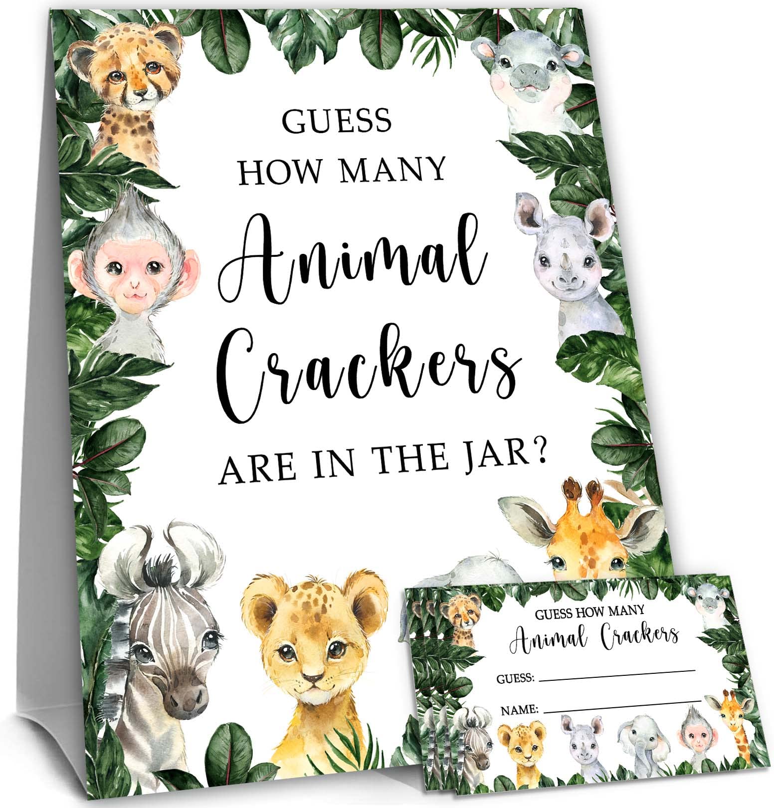 Yuzioey Safari Guess How Many Animal Crackers Guessing Game, Jungle Animals Guessing Game Cards, 50 Cards and Matching Sign, Safari Animals Baby Shower Game