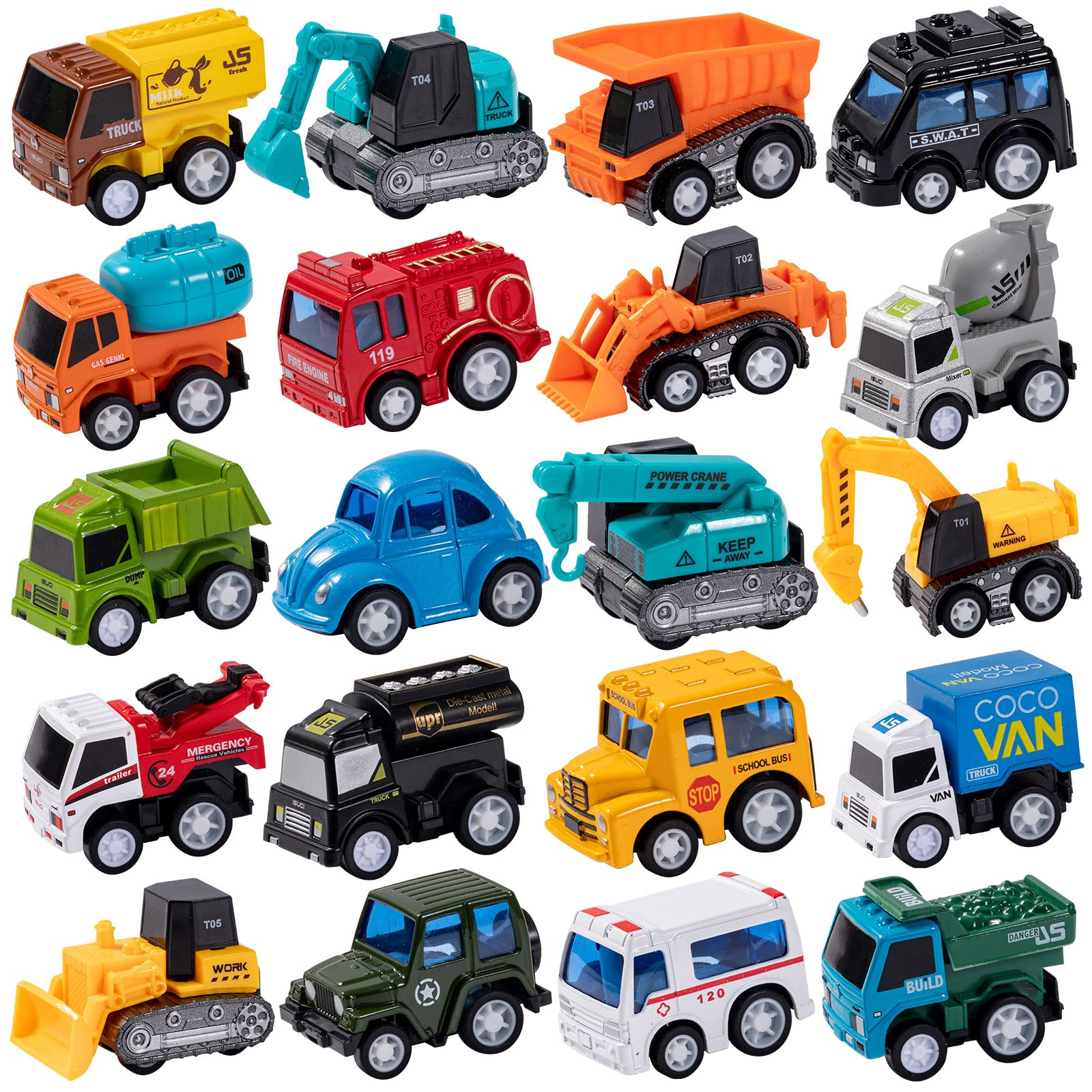 weilaga 20 Piece Die-Cast Pull Back City Cars and Trucks Toy Vehicles Set,Mini Friction Powered Alloy Metal Car Toy Playset Party Favor for Toddler Boy Girl