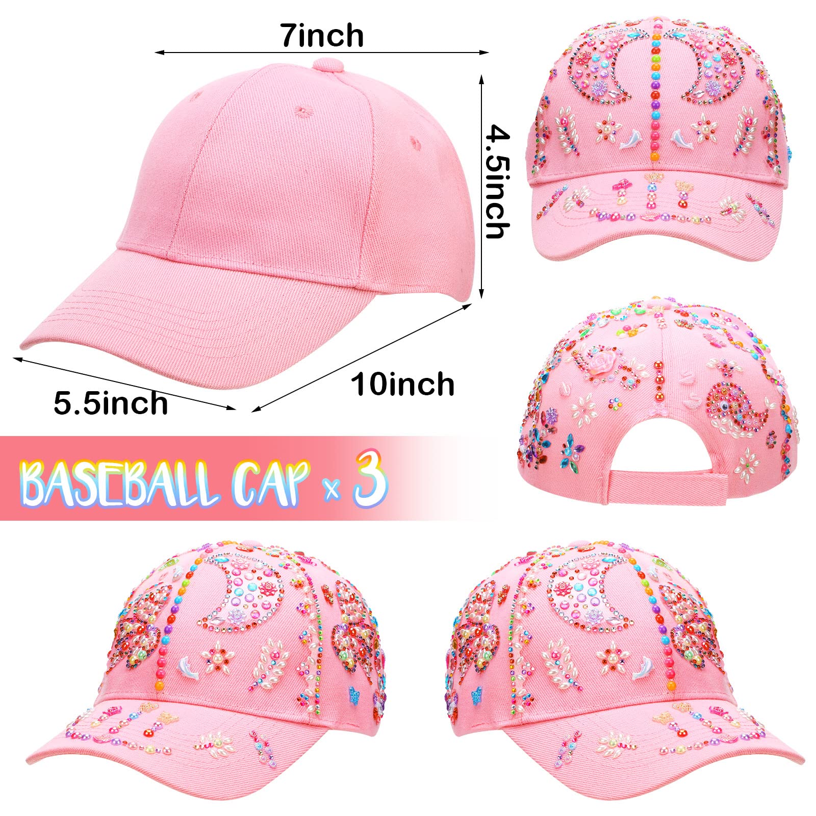 Zhanmai 3 Pcs Decorate Your Own Baseball Cap with 24 Sheets Adhesive Gems Stickers Pink Baseball Cap Paint by Stickers Arts and Crafts for DIY Kits for Birthday Present