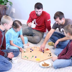 AmishToyBox.com Wahoo Wooden Marble Game Board Set - Large 24" Wide - Solid Oak Wood - Double-Sided - with Large 22mm Marbles and Dice Included