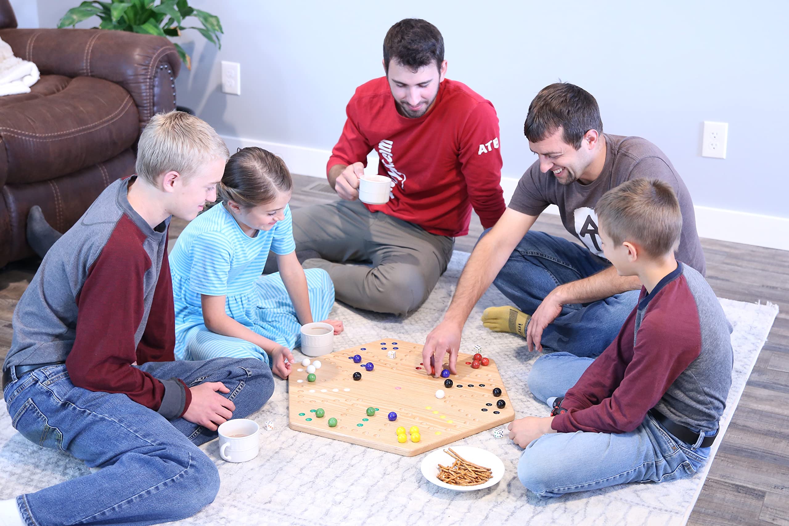 AmishToyBox.com Wahoo Wooden Marble Game Board Set - Large 24" Wide - Solid Oak Wood - Double-Sided - with Large 22mm Marbles and Dice Included