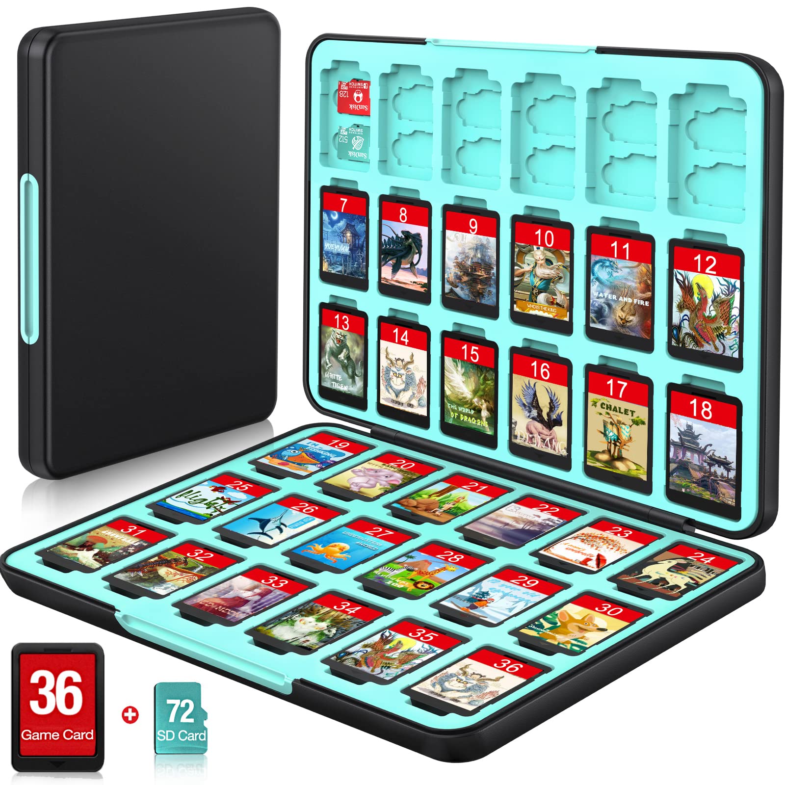 CYKOARMOR Switch Game Case for Nintendo Switch/OLED/Lite, Switch Game Holder with 36 Games Storage and 72 Memory Cartridge Slots, Portable Switch Game Card Case with Magnetic Closure, Black Blue