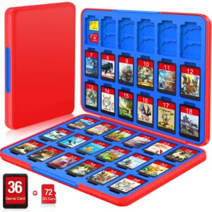 cykoarmor switch game case for nintendo switch/oled/lite, switch game holder with 36 games storage and 72 memory cartridge slots, portable switch game card case with magnetic closure, red blue