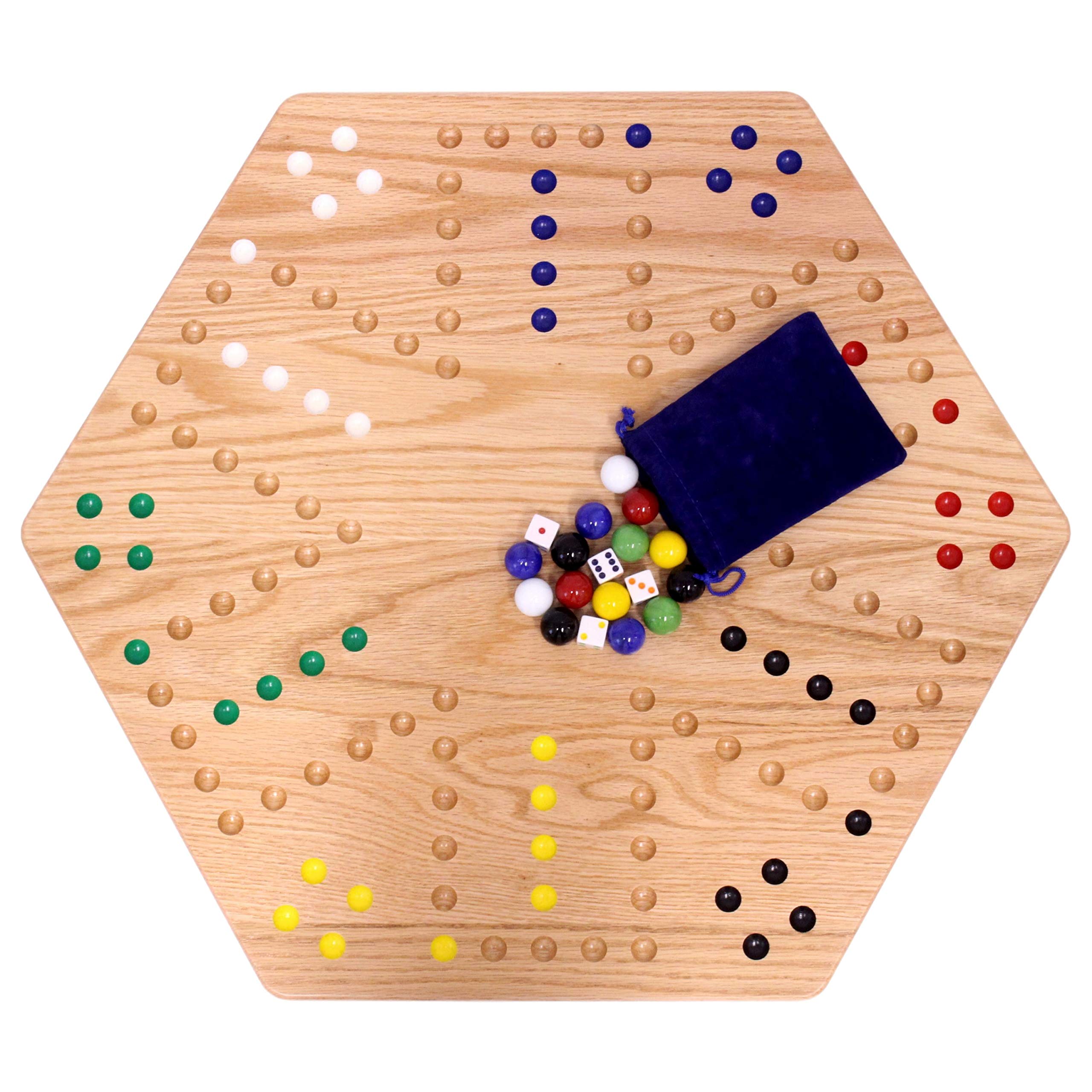 AmishToyBox.com Wahoo Wooden Marble Game Board Set - Large 24" Wide - Solid Oak Wood - Double-Sided - with Large 22mm Marbles and Dice Included