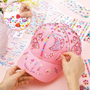 Zhanmai 3 Pcs Decorate Your Own Baseball Cap with 24 Sheets Adhesive Gems Stickers Pink Baseball Cap Paint by Stickers Arts and Crafts for DIY Kits for Birthday Present