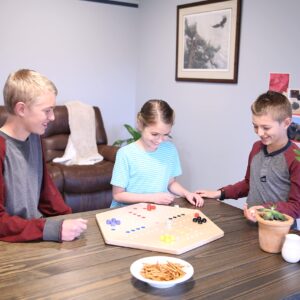 AmishToyBox.com Wahoo Wooden Marble Game Board Set - Large 24" Wide - Solid Oak Wood - Double-Sided - with Large 22mm Marbles and Dice Included