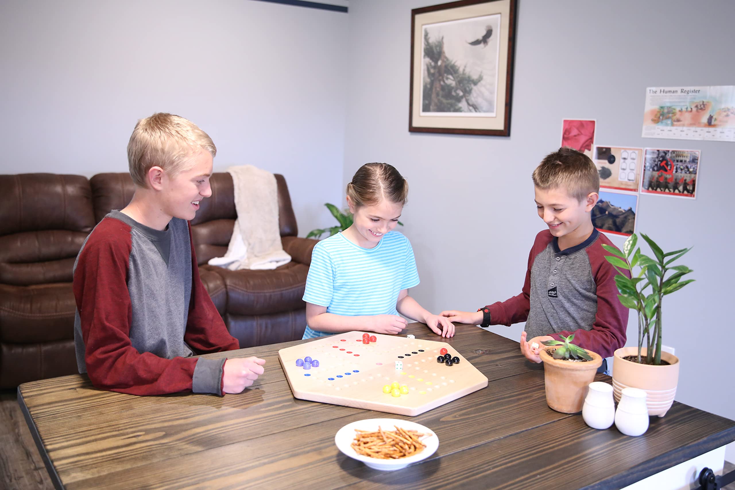 AmishToyBox.com Wahoo Wooden Marble Game Board Set - Large 24" Wide - Solid Oak Wood - Double-Sided - with Large 22mm Marbles and Dice Included