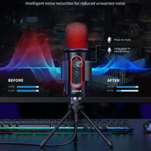 JAMELO Gaming Microphone, USB Computer Condenser Mic for PC/Laptop/Phone/PS4/5, RGB, Headphone Output, Volume Control,Plug and Play, Mute Button, for Streaming, Podcast, Studio Recording