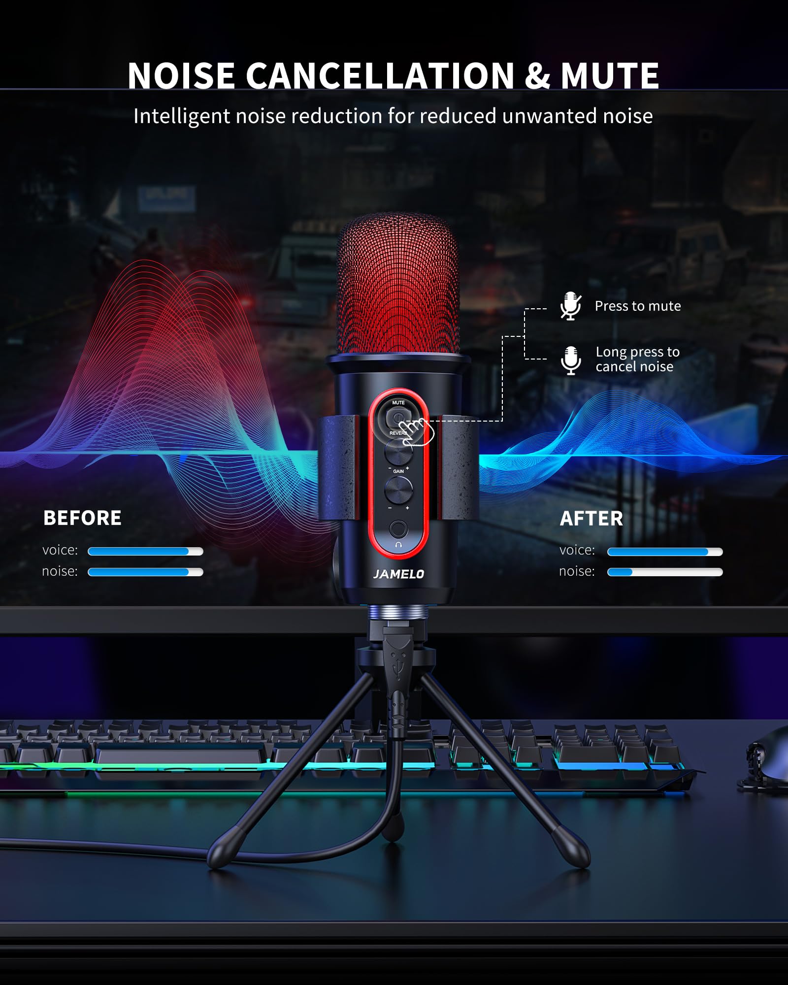 JAMELO Gaming Microphone, USB Computer Condenser Mic for PC/Laptop/Phone/PS4/5, RGB, Headphone Output, Volume Control,Plug and Play, Mute Button, for Streaming, Podcast, Studio Recording