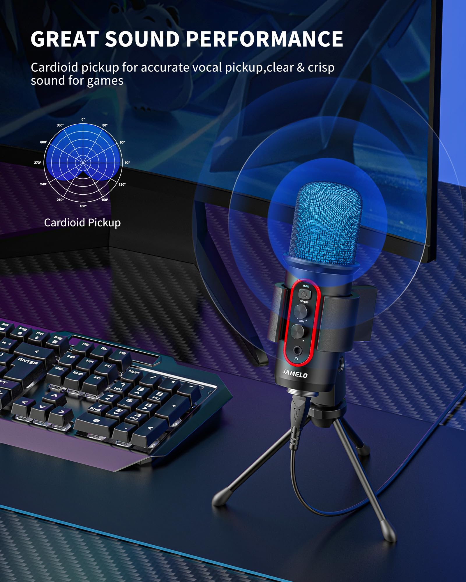 JAMELO Gaming Microphone, USB Computer Condenser Mic for PC/Laptop/Phone/PS4/5, RGB, Headphone Output, Volume Control,Plug and Play, Mute Button, for Streaming, Podcast, Studio Recording