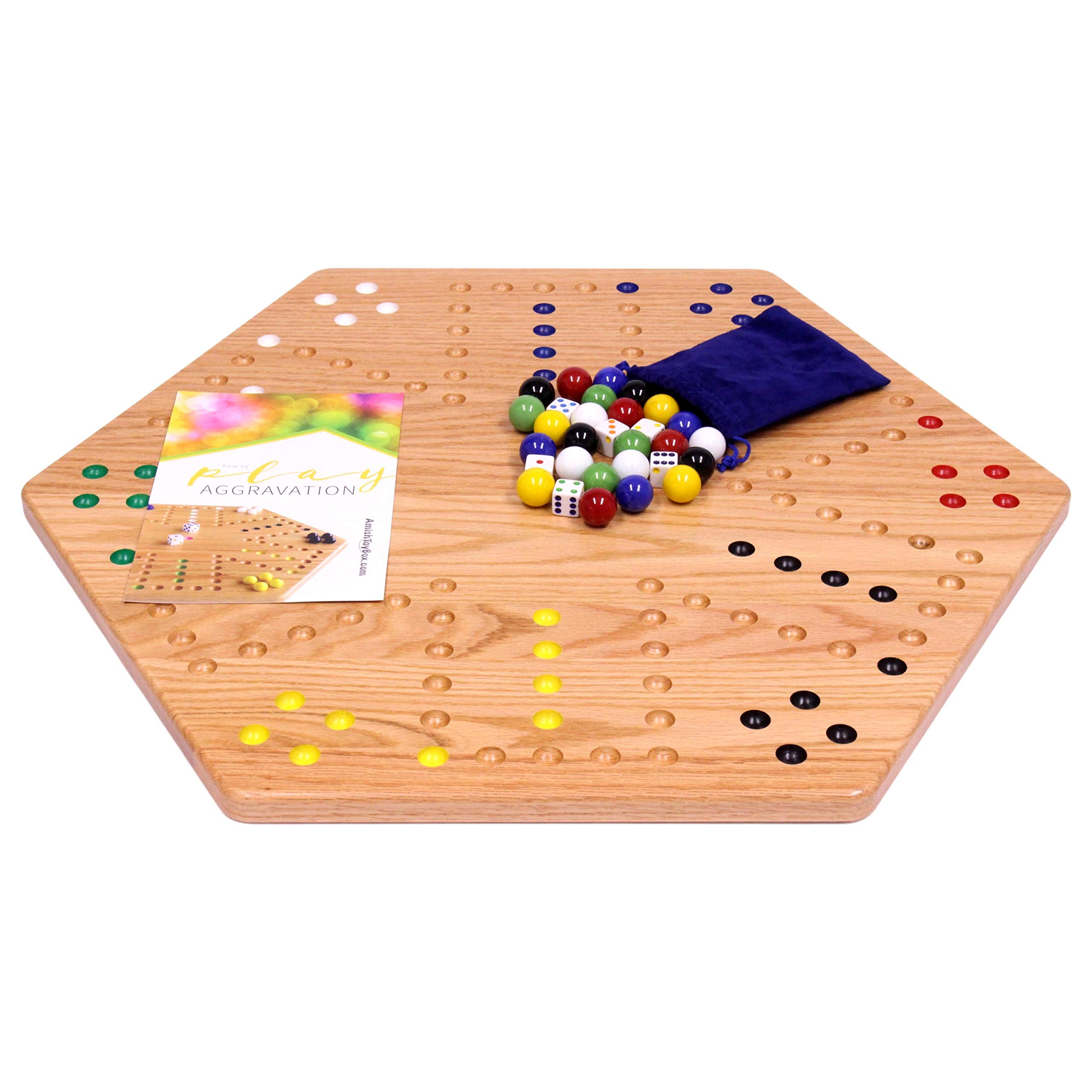 AmishToyBox.com Wahoo Wooden Marble Game Board Set - Large 24" Wide - Solid Oak Wood - Double-Sided - with Large 22mm Marbles and Dice Included