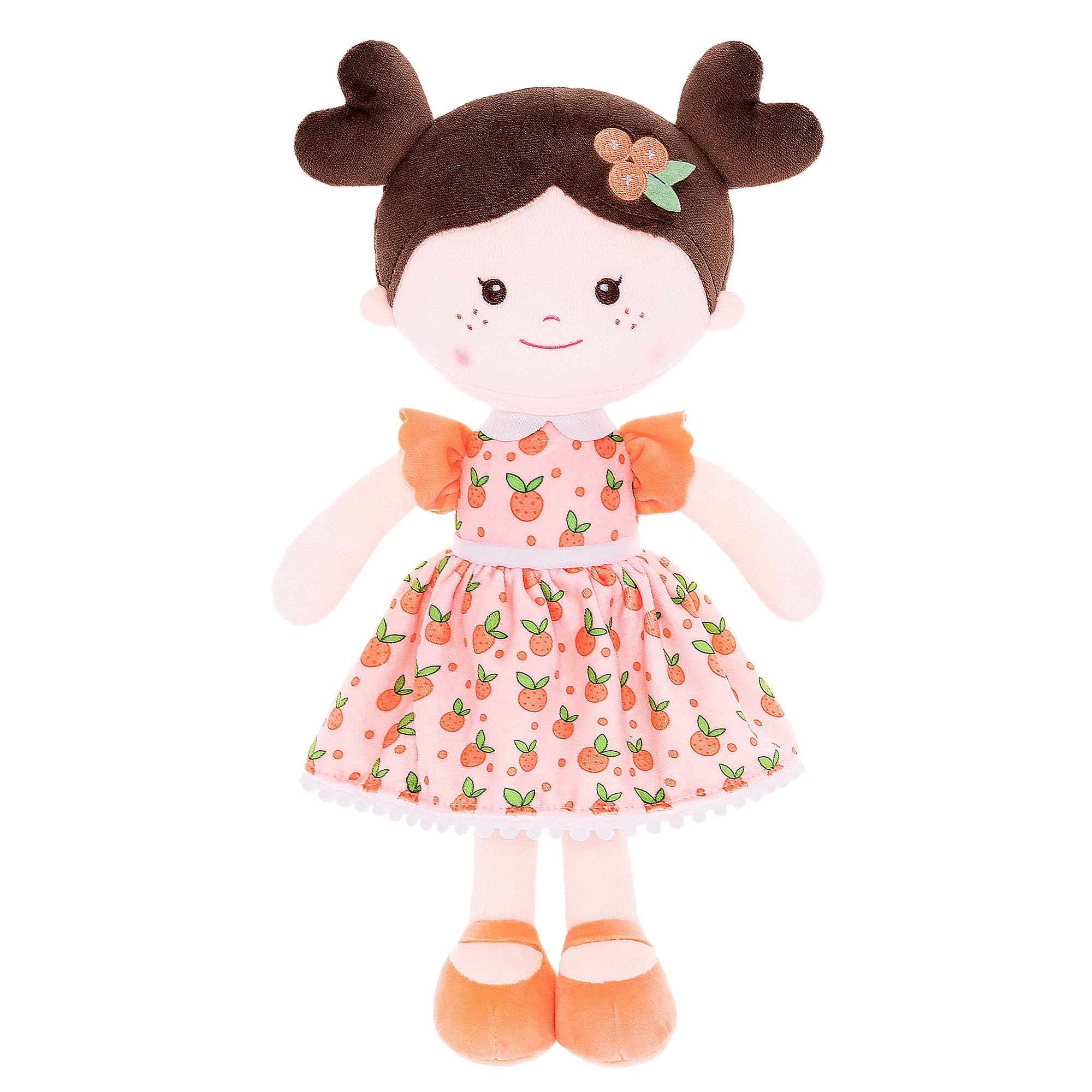 Onetoo Baby Doll Soft Baby Doll Girls First Baby Doll Sleeping Cuddle Buddy Doll Plush Rag Doll for Girls Wear Orang Dress 14"