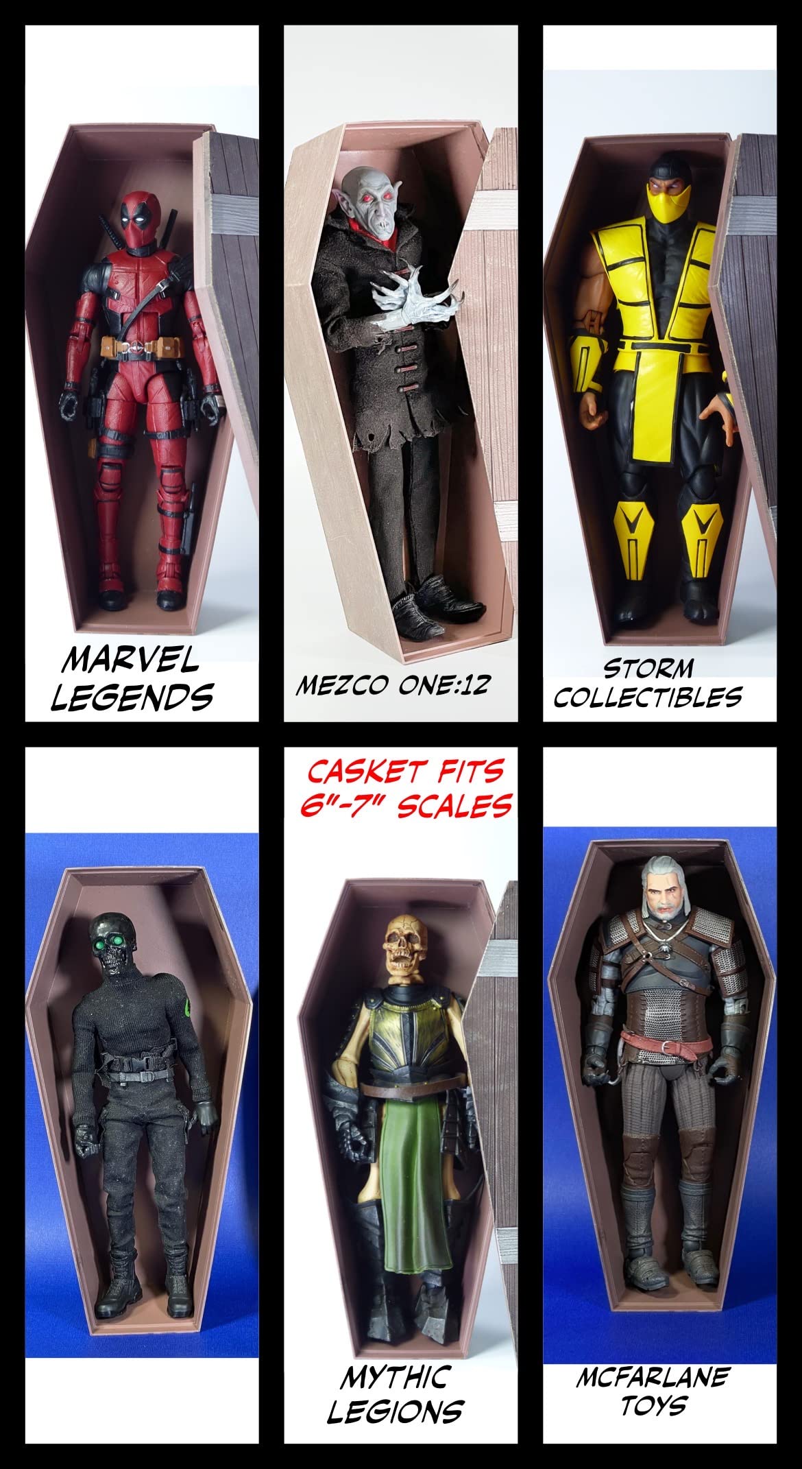 Super Action Stuff Casket of Cruelty 30+ Piece Accessories Set for 1:12 Scale (Six and Seven inch) Action Figures. Includes Coffin, Weapons and Blood Effects.