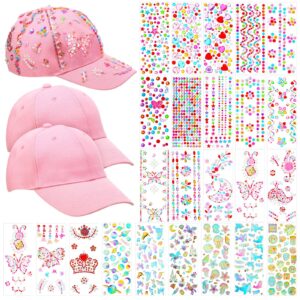 zhanmai 3 pcs decorate your own baseball cap with 24 sheets adhesive gems stickers pink baseball cap paint by stickers arts and crafts for diy kits for birthday present