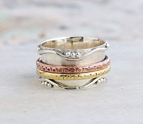 925 Sterling Silver Spinner Ring for Women, Yoga Maditation Spin ring Two Tone Handmade Ring Worry Ring, Thumb Ring, Fidget Rings, Promise Ring Size US 10 Gift For Her