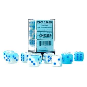 Gemini Dice Block | Set of 12 Size D6 Dice Designed for Board Games, RPGs & Miniature Games | Premium Quality 16 mm Dice | Luminary Pearl Turquoise, White & Blue Color | Made by Chessex (CHX26665)