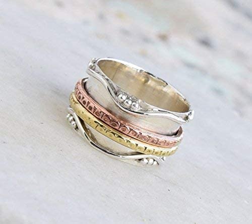 925 Sterling Silver Spinner Ring for Women, Yoga Maditation Spin ring Two Tone Handmade Ring Worry Ring, Thumb Ring, Fidget Rings, Promise Ring Size US 10 Gift For Her