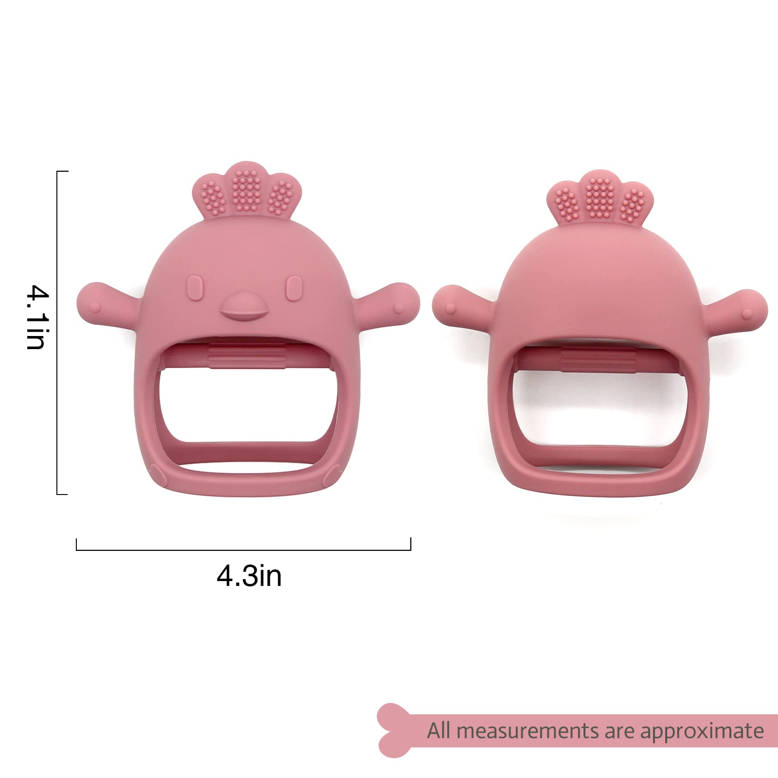 Chick Shape Baby Teething Toys, Never Drop Hand Wrist Teether, Baby Chew Toys for Sucking Needs, Food-Grade Silicone Baby Mitten Teether for Soothing Teething Pain Relief, Easy to Grip (Dark Pink)