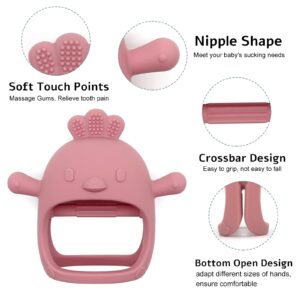 Chick Shape Baby Teething Toys, Never Drop Hand Wrist Teether, Baby Chew Toys for Sucking Needs, Food-Grade Silicone Baby Mitten Teether for Soothing Teething Pain Relief, Easy to Grip (Dark Pink)