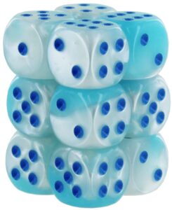 gemini dice block | set of 12 size d6 dice designed for board games, rpgs & miniature games | premium quality 16 mm dice | luminary pearl turquoise, white & blue color | made by chessex (chx26665)