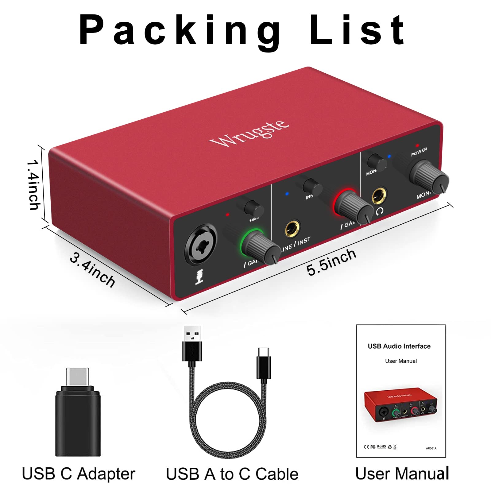 Wrugste USB Audio Interface Solo(24Bit/192kHz)+48V Phantom Power for Computer Recording Podcasting and Streaming Plug and Play Noise-Free Wrugste XLR Audio Interface for PC No Software Included