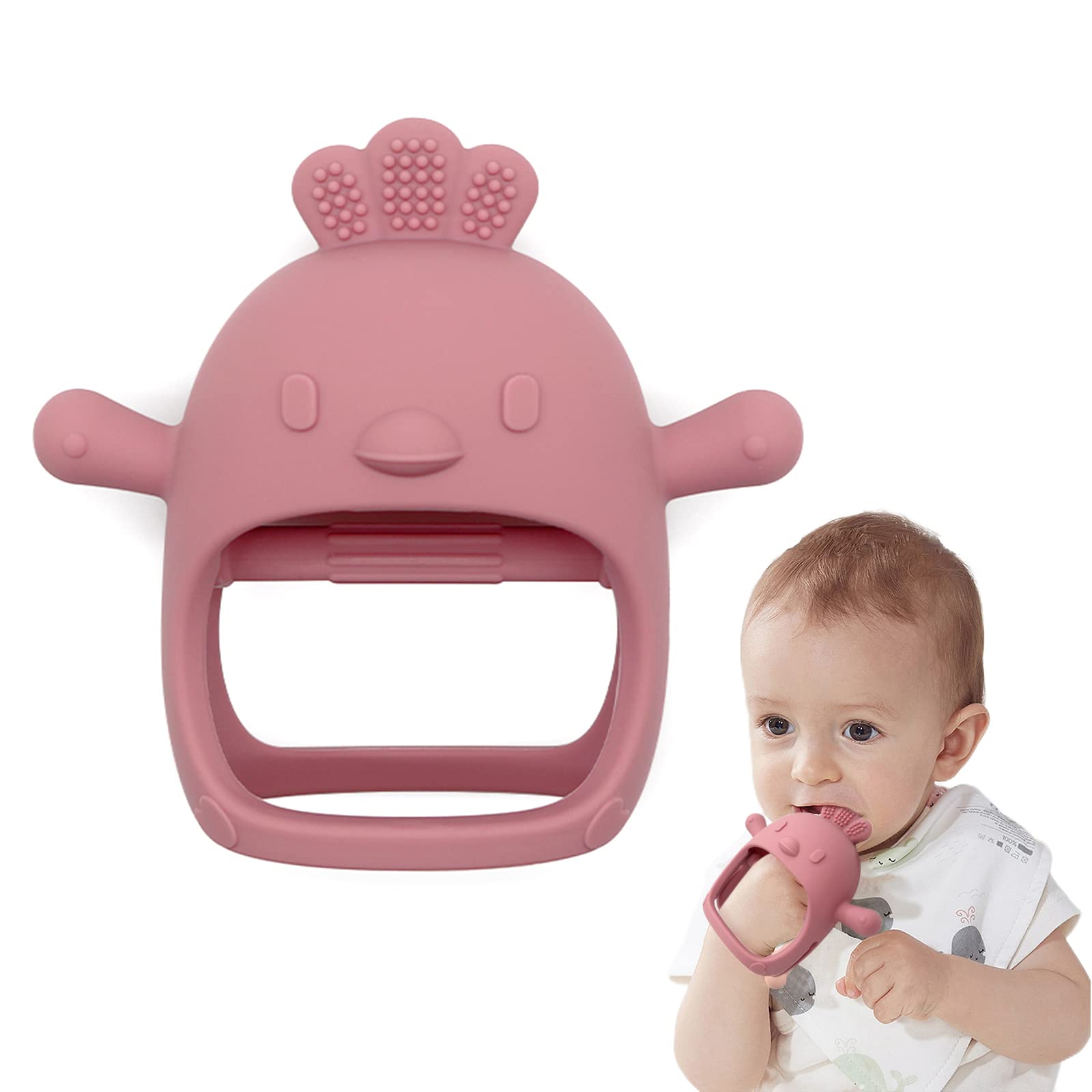 Chick Shape Baby Teething Toys, Never Drop Hand Wrist Teether, Baby Chew Toys for Sucking Needs, Food-Grade Silicone Baby Mitten Teether for Soothing Teething Pain Relief, Easy to Grip (Dark Pink)