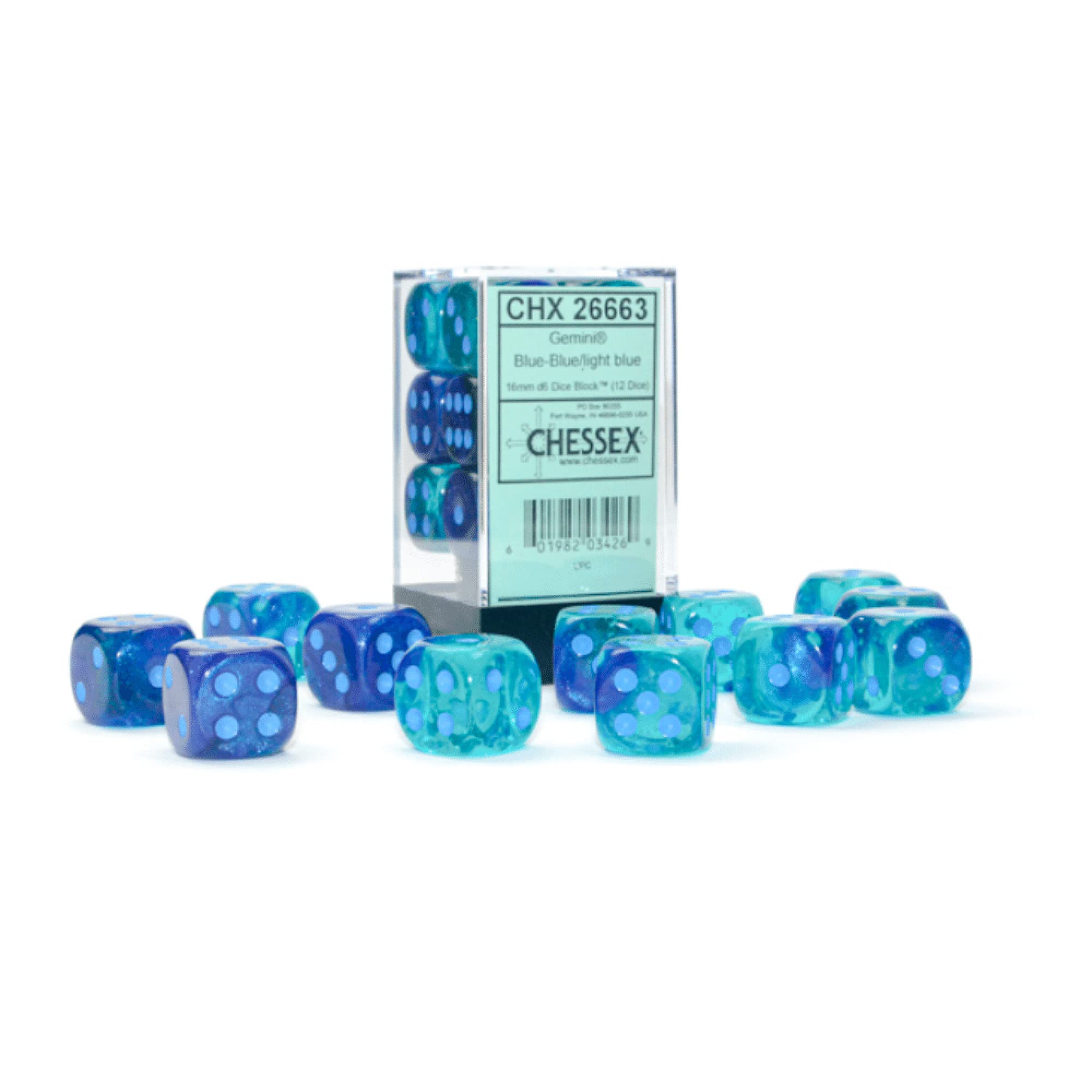 Gemini Dice Block | Set of 12 Size D6 Dice Designed for Board Games, Roleplaying Games and Miniature Games | Premium Quality 16 mm Dice | Luminary Blue and Light Blue Color | Made by Chessex