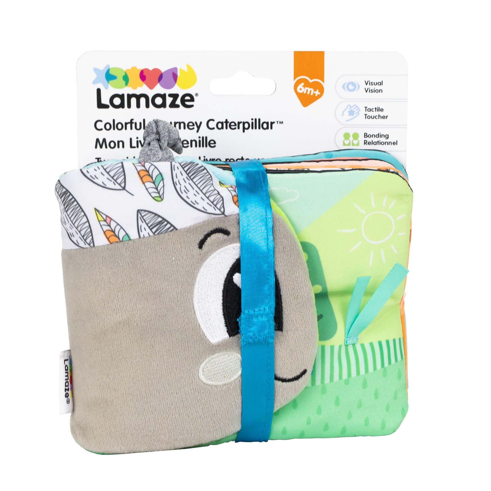 Lamaze Colorful Journey Caterpillar High Contrast Baby Book - Soft Fabric Baby Sensory Books - Includes Chewy Apple for Teething Babies - Baby Sensory Toys Ages 6 Months and Up