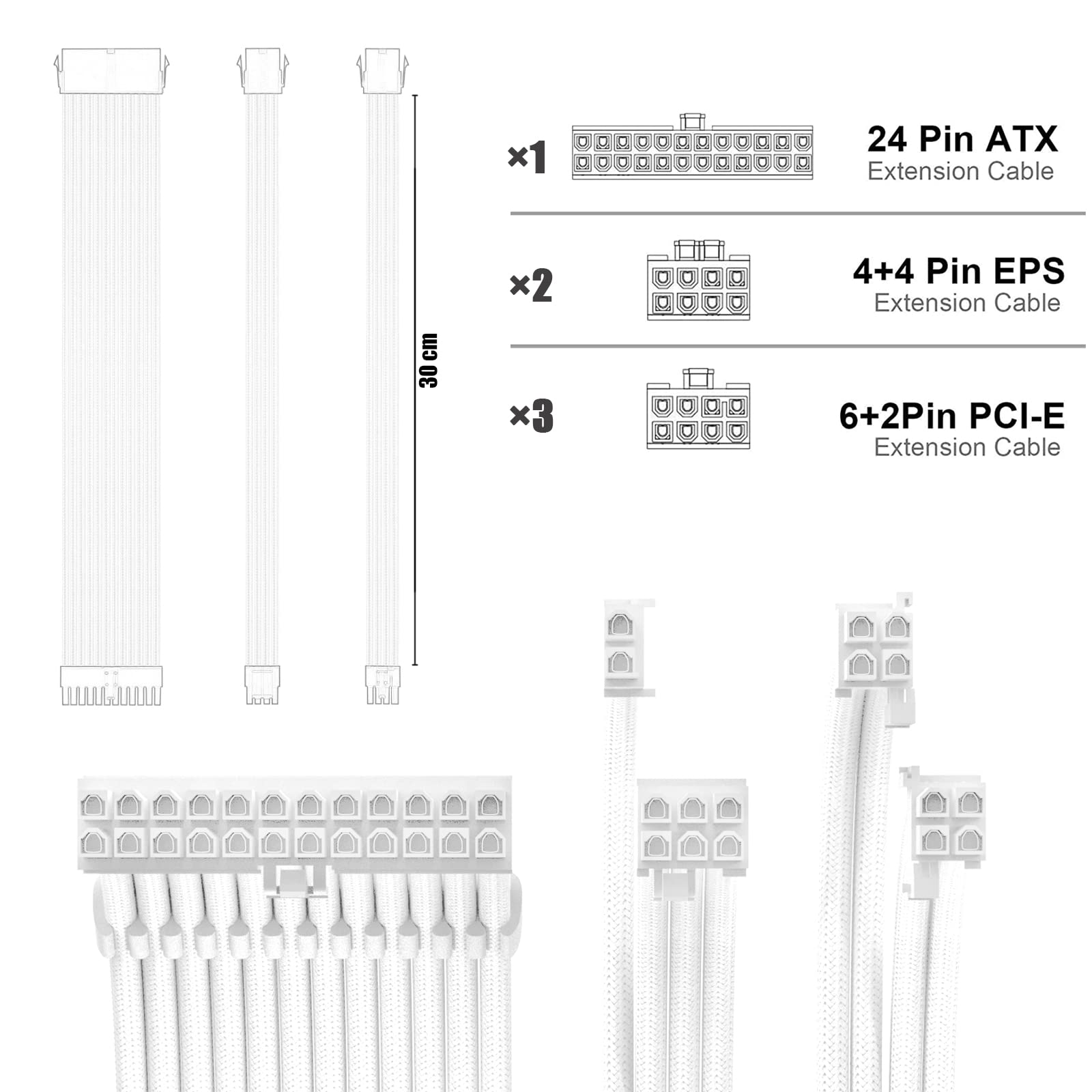 ABNO1 PSU Cable Extension Kit 30CM Length with Combs,1x24Pin/2x8Pin(4+4) EPS/3x8Pin(6P+2P) PCI-E/PC Sleeved for ATX Power Supply,White, All-White