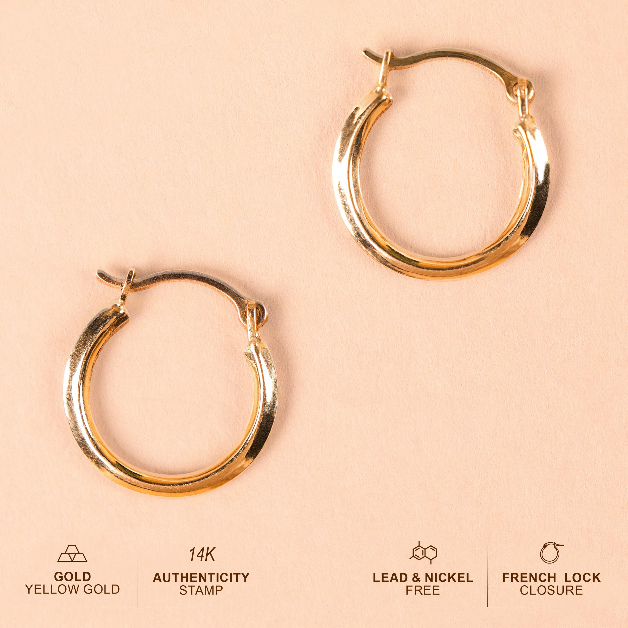 14K Solid Gold 1MMX14MM French Lock Hoop Earrings- Yellow Gold - Jewelry for Women/Girls - Small Hoop Earrings