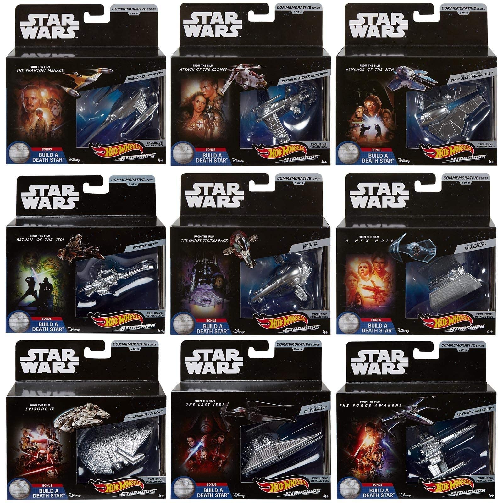 Hot Wheels Star Wars Commemorative Series Silver Full Set of 9 Vehicles Millennium Falcon Starship