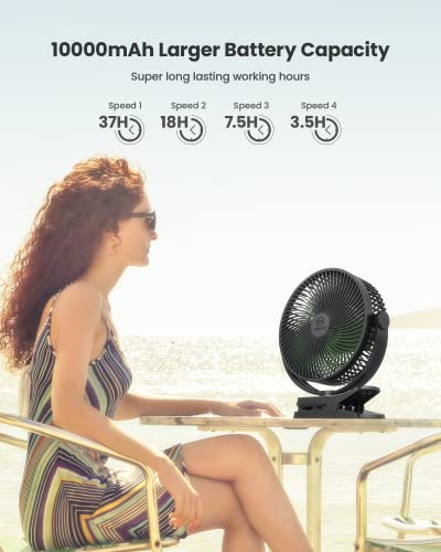 10000 mAh Battery Operated Clip on Fan with 4 Speeds,8 Inch, Max 38 Hrs, Rechargeable Stroller Golf Cart Fans,Quiet, Include Hook for Camping,Strong Wind, Personal Desk Fan, USB Powered,Black