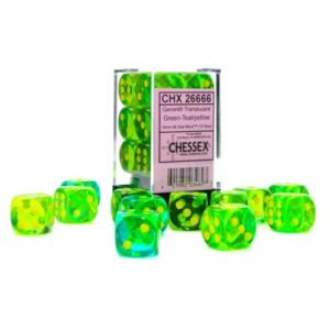 Gemini Dice Block | Set of 12 Size D6 Dice | Designed for Board Games, Roleplaying Games & Miniature Games | Premium Quality 16 mm | Translucent Green-Teal Yellow Color | Made by Chessex