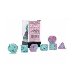 gemini polyhedral dice set | set of 7 dice in a variety sizes designed for roleplaying games | premium quality dice for tabletop rpgs | luminary green, pink & blue color | made by chessex (chx26464)