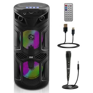 pyle portable bluetooth pa speaker - 200w dual 4" rechargeable indoor/outdoor bt karaoke audio system - tws, party lights, led display, fm/aux/mp3/usb, 6.5mm in, carry handle - wireless mic, remote