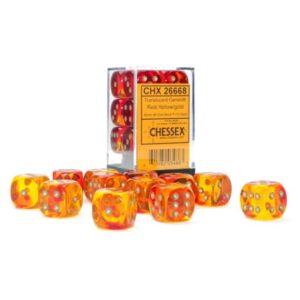 Gemini Dice Block | Set of 12 Size D6 Dice Designed for Board Games, Roleplaying Games and Miniature Games | Premium Quality 16 mm Dice | Translucent Red, Yellow and Gold Color | Made by Chessex