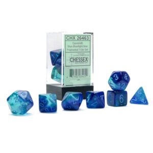 gemini polyhedral dice set | set of 7 dice in a variety of sizes designed for roleplaying games | premium quality dice for tabletop rpgs | luminary blue and light blue color | made by chessex