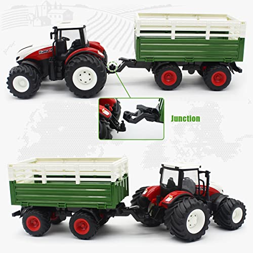 fisca Remote Control Tractor Toy RC Farm Tractor Set with Trailer Front Forklift, 1/24 Scale 2.4Ghz Electronic Tractor Farm Truck Vehicle Toy with Light for Kids Age 6, 7, 8, 9 and Up Years Old