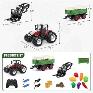 fisca Remote Control Tractor Toy RC Farm Tractor Set with Trailer Front Forklift, 1/24 Scale 2.4Ghz Electronic Tractor Farm Truck Vehicle Toy with Light for Kids Age 6, 7, 8, 9 and Up Years Old