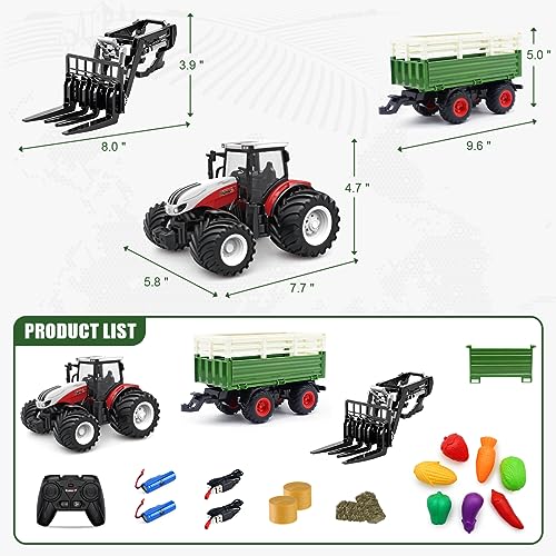 fisca Remote Control Tractor Toy RC Farm Tractor Set with Trailer Front Forklift, 1/24 Scale 2.4Ghz Electronic Tractor Farm Truck Vehicle Toy with Light for Kids Age 6, 7, 8, 9 and Up Years Old