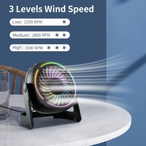 Punoge Small USB Desk Fan - 5.3 Inch Portable Table Fan with 3 Levels Air Flow, 8 Color LED Lights, 360° Rotation, Quiet Mini Personal Fan for Home Office Desktop